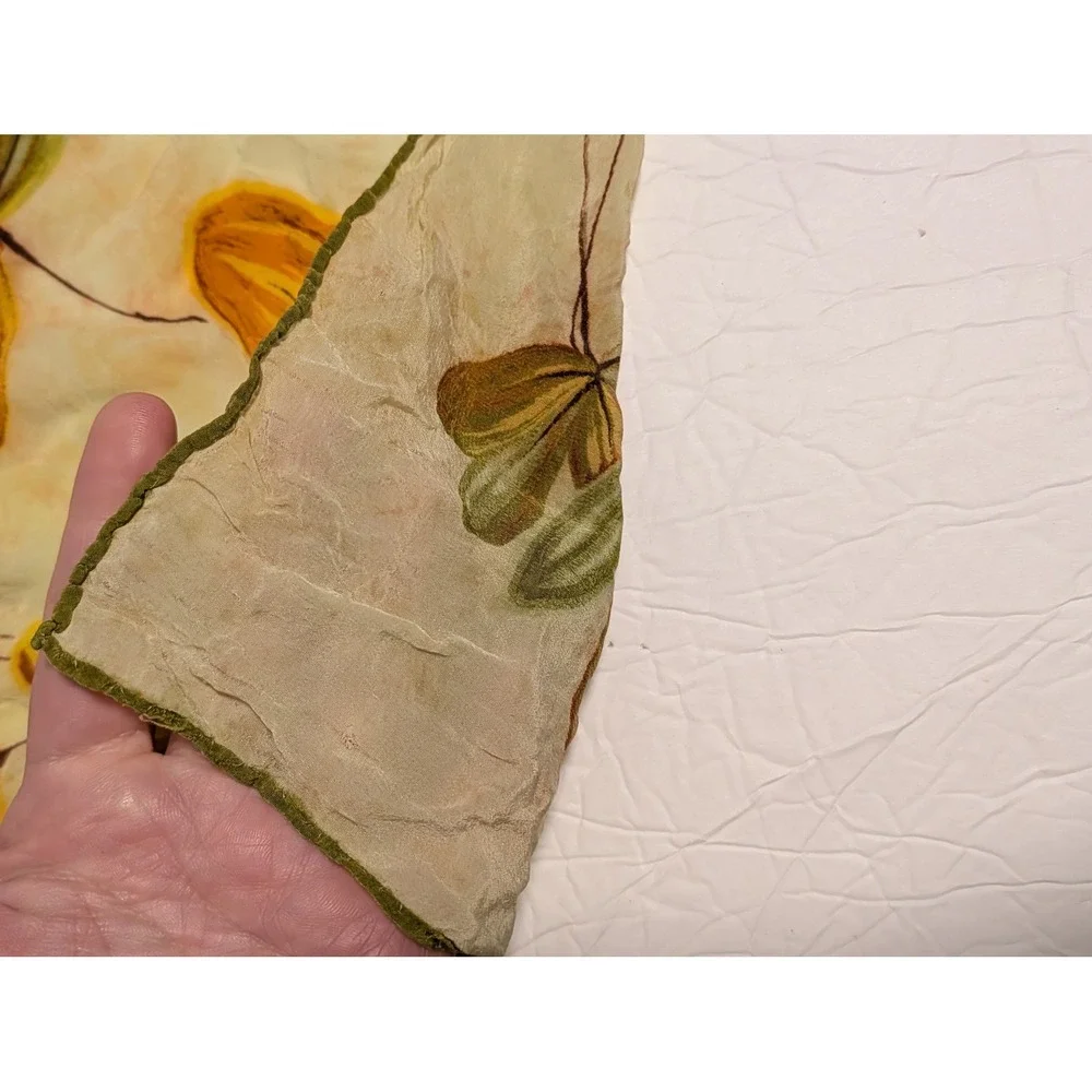VTG Hand Painted Silk Scarf Botanical‎ Leaf Chartreuse Earth Tone MCM Hand Roll